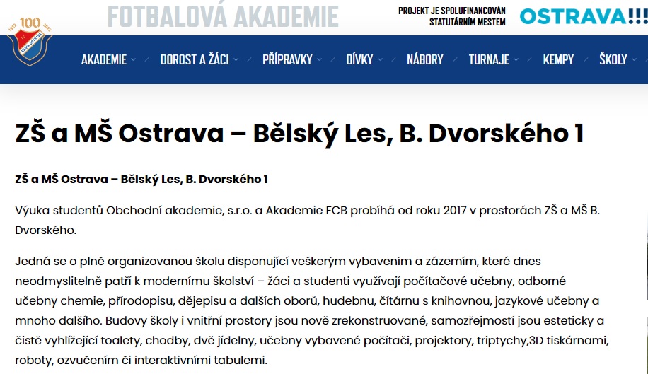 O naší škole informuje oficiální web Baníku Ostrava