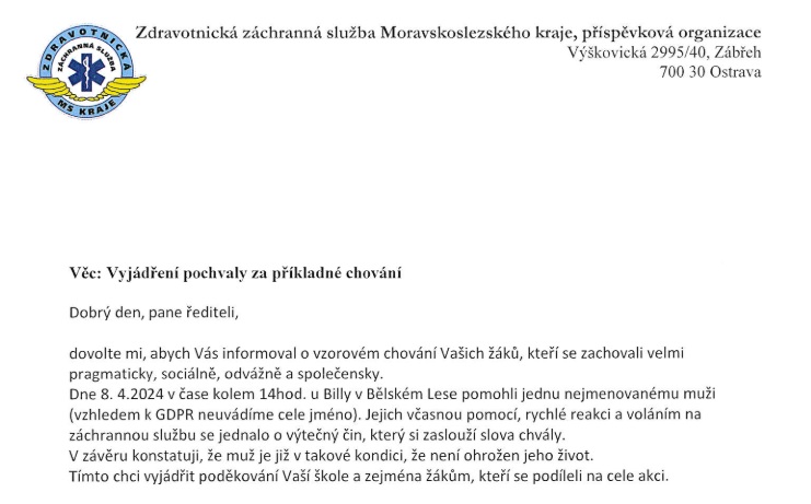 Naši žáci pomohli zdravotně indisponovanému člověku. Byli pochváleni školou i záchranáři