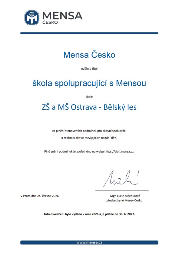 Naše škola znovu obhájila titul „Škola spolupracující s Mensou“